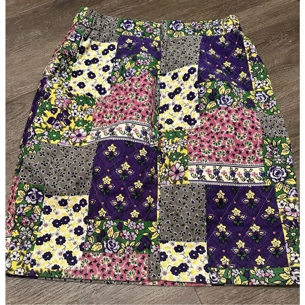 Womens Corduroy Floral Purple Patchwork Above Knee Cottagecore Skirt Size M